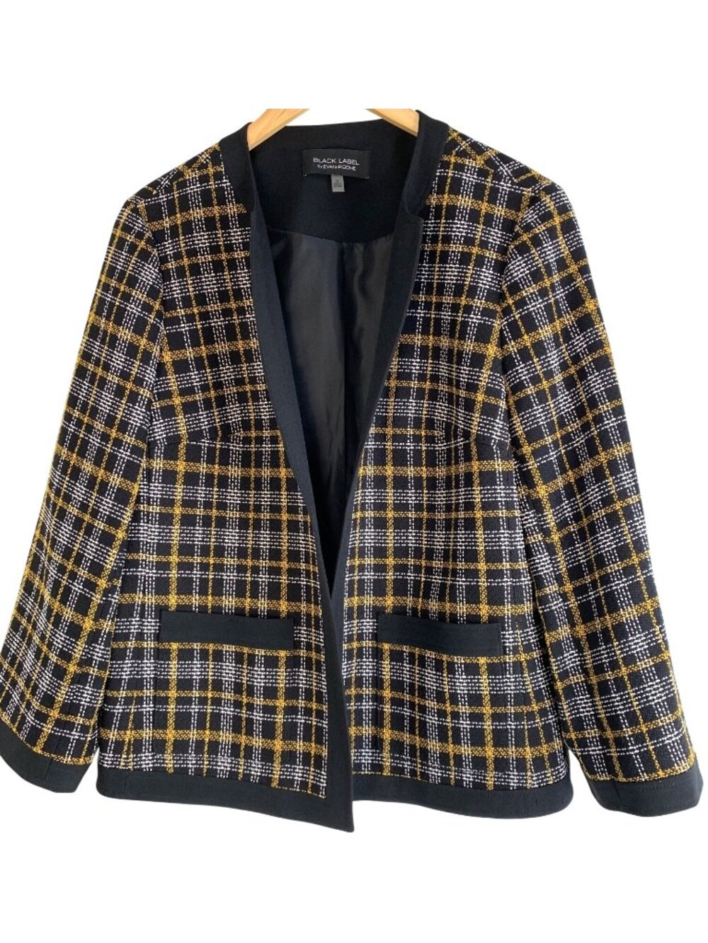 Black Label By Evan-Picone Womens Plaid Tweed Blazer Marigold Combo Size 14 Open